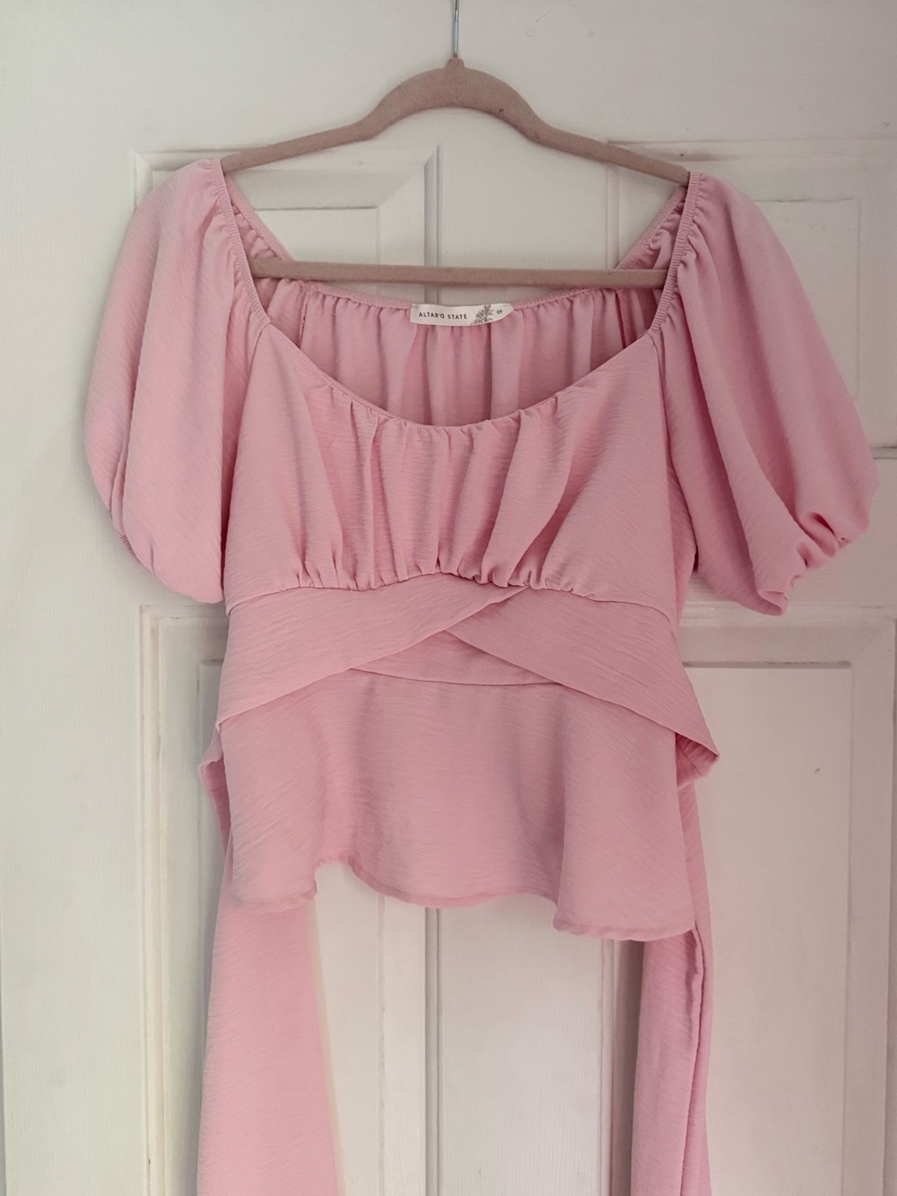 Altar'd State Blush Pink Puff-Sleeve Peplum Top